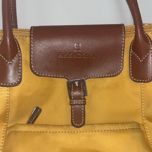 Hexagona Yellow nylon Satchel with brown Leather Trim preowned - Picture 4 of 14